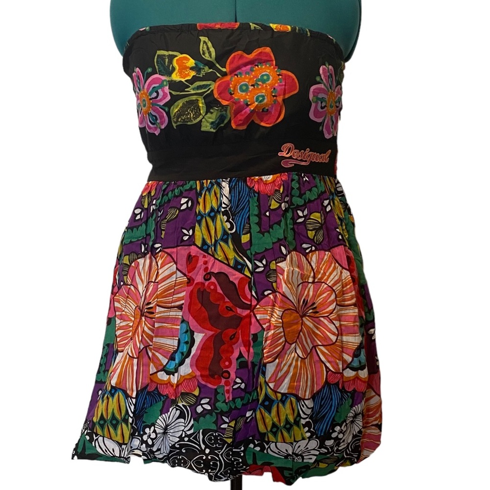 DESIGUAL Summer Cotton Strapless Convertable Cotton Floral Mini Dress. Size 12.